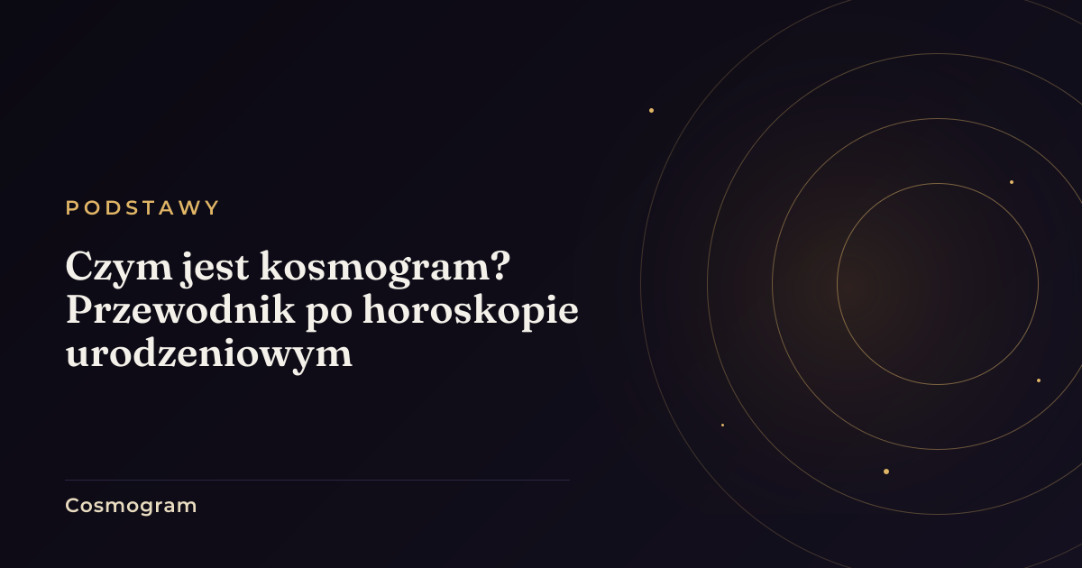 Kosmogram jako ciepła, bursztynowa mapa nieba z chwili narodzin na tle głębokiego granatu.
