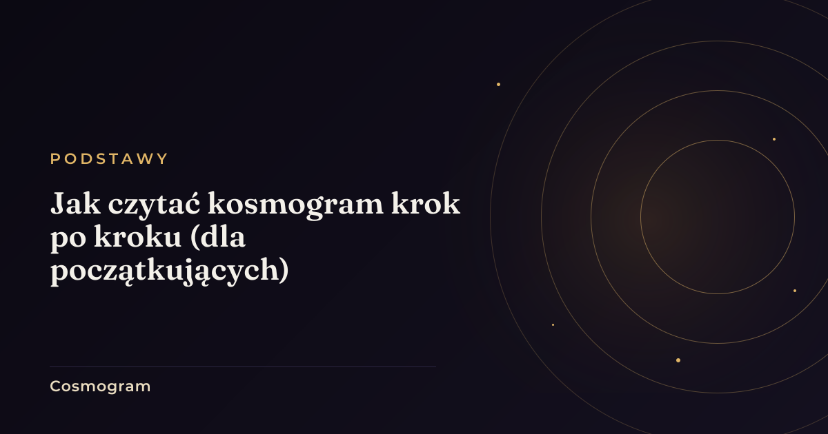 Koło natalne z planetami i znakami, czytane krok po kroku, w ciepłych barwach na granacie.